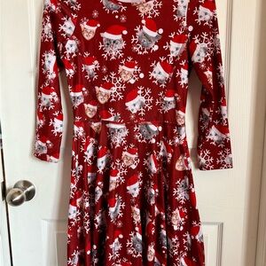 Red Fit and Flare Casual Dress with Cuffed Long Sleeves
